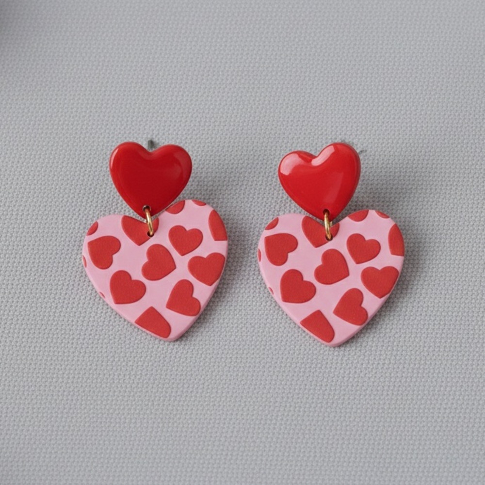 Sweetheart Duo Dangle — Handmade Earrings — Hypoallergenic — Red - Picture 3 of 6